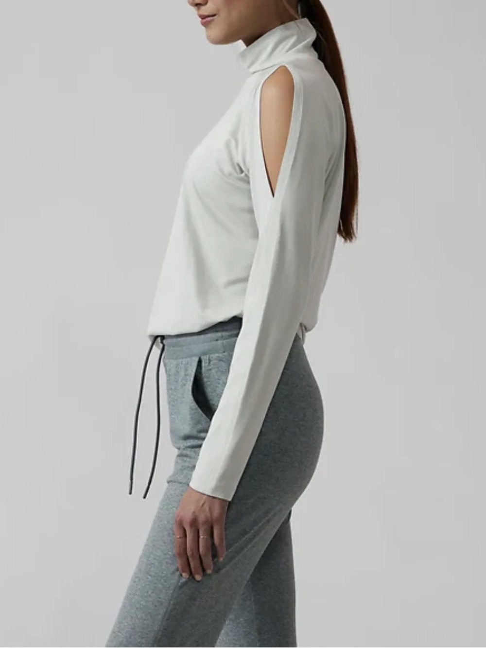 Athleta Cold Shoulder Turtleneck Long Sleeve Top | Coast Grey | Medium - Picture 2 of 8